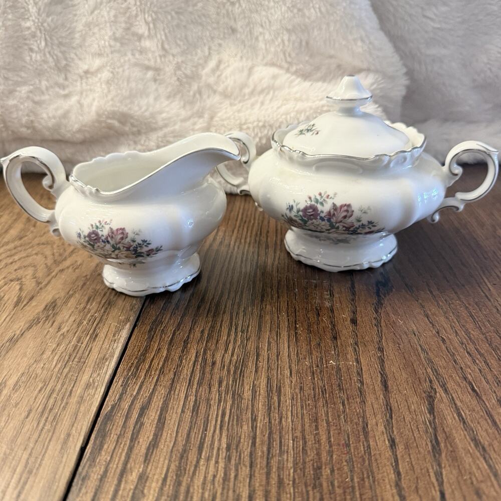 Crown Bavaria Bouquet Sugar Bowl, Lid & Creamer Floral Gold Rim Vintage